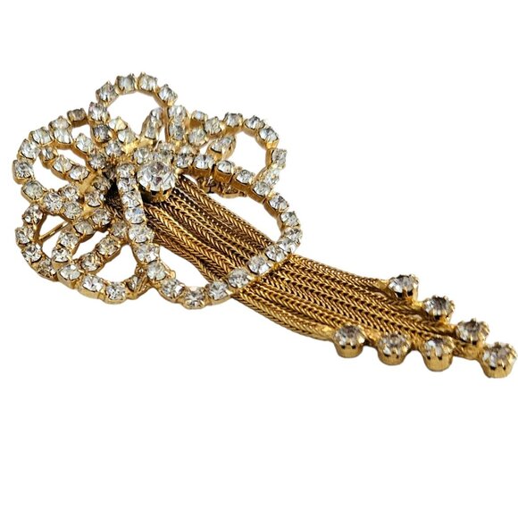 Gold Tone Vintage Prong Set Rhinestone Bow Waterfall Chain Tassel Brooch L79 - Picture 5 of 11